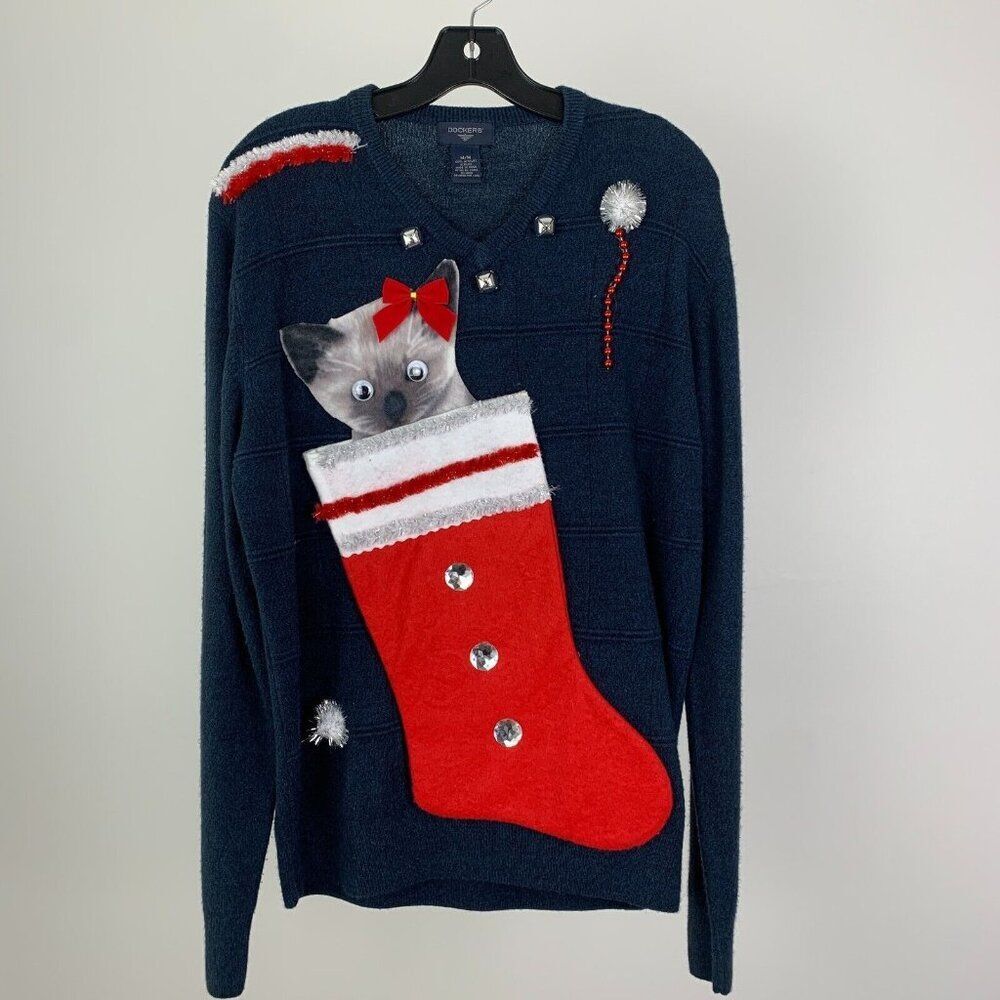 Ugly Christmas Sweater Men's size Medium Kitty Cat in a Stocking Hand Crafted